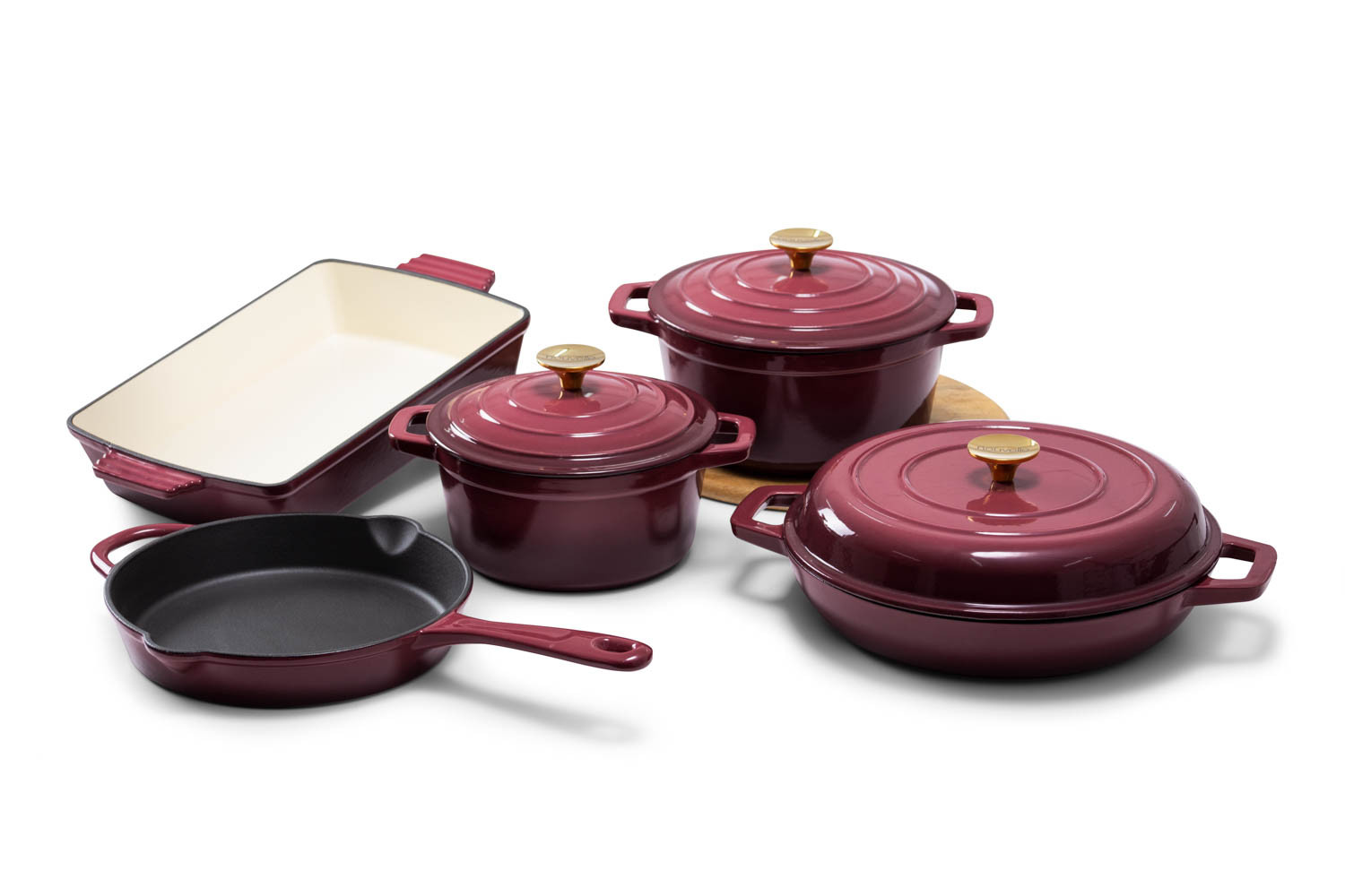 Signature Enameled Cast Iron 7-Piece Cookware Set with Gold Knobs