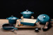 Nouvelle Cookware Set - Caribbean Blue & Apron - Brown & Tan Nouvelle Cookware & Apron Sale - 1