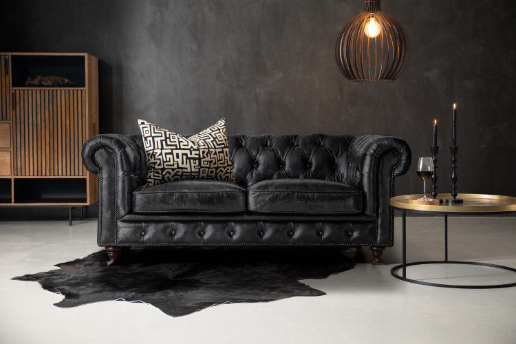 Jefferson Chesterfield 2-Seater Leather Couch - Distressed Black 2 - Seater Couches - 1