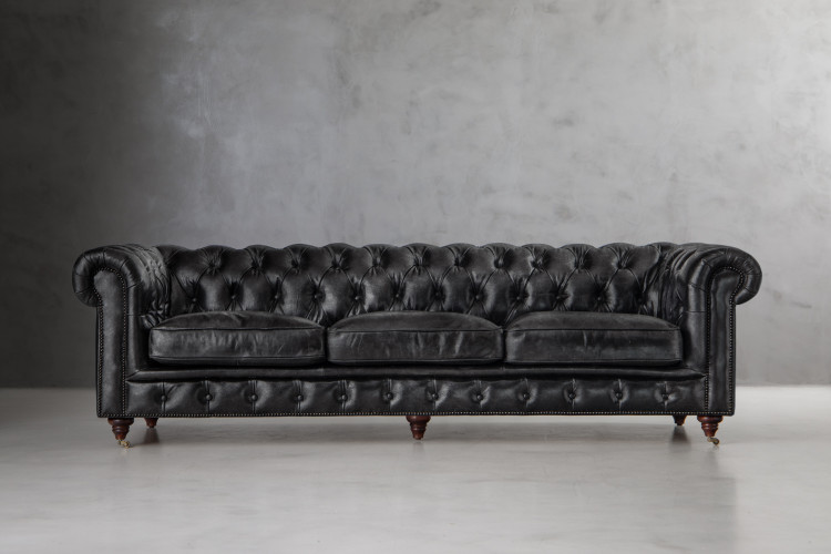 Jefferson Chesterfield 3-Seater Leather Couch - Distressed Black 3 - Seater Couches - 1