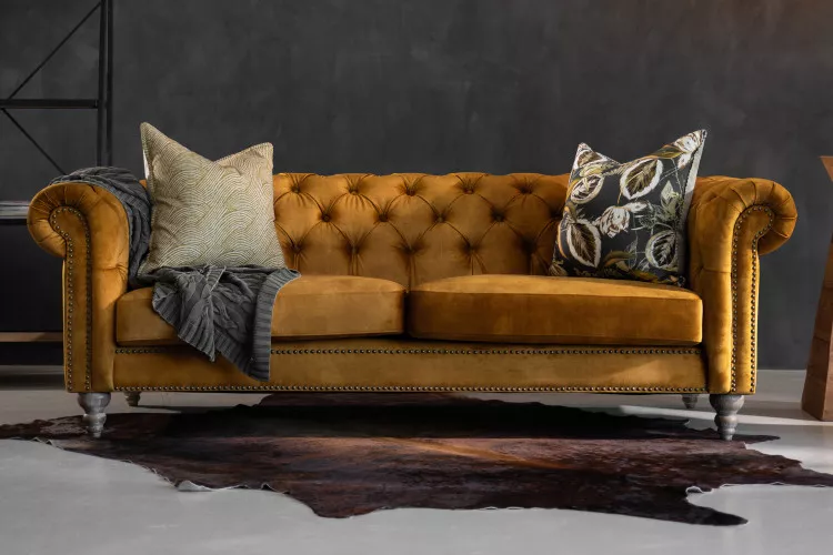 Lannfield 3-Seater Couch - Textured Velvet Mustard Fabric Couches - 1