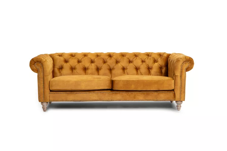 Lannfield 3-Seater Couch - Textured Velvet Mustard Fabric Couches - 1